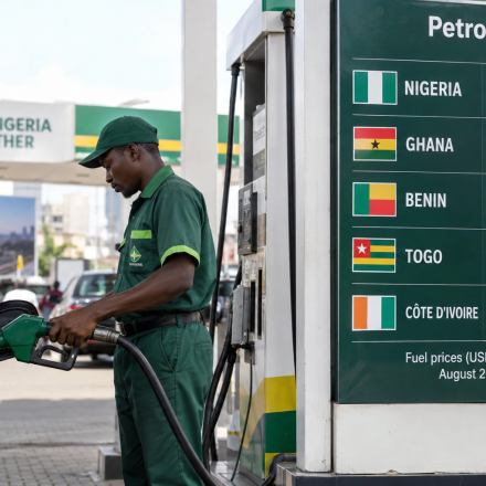 Fuel attendant refuelling a car in Nigeria beside a board comparing August 2026 petrol prices in Nigeria, Ghana, Benin, Togo and Côte d’Ivoire.