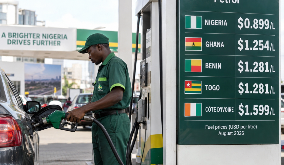 Fuel attendant refuelling a car in Nigeria beside a board comparing August 2026 petrol prices in Nigeria, Ghana, Benin, Togo and Côte d’Ivoire.
