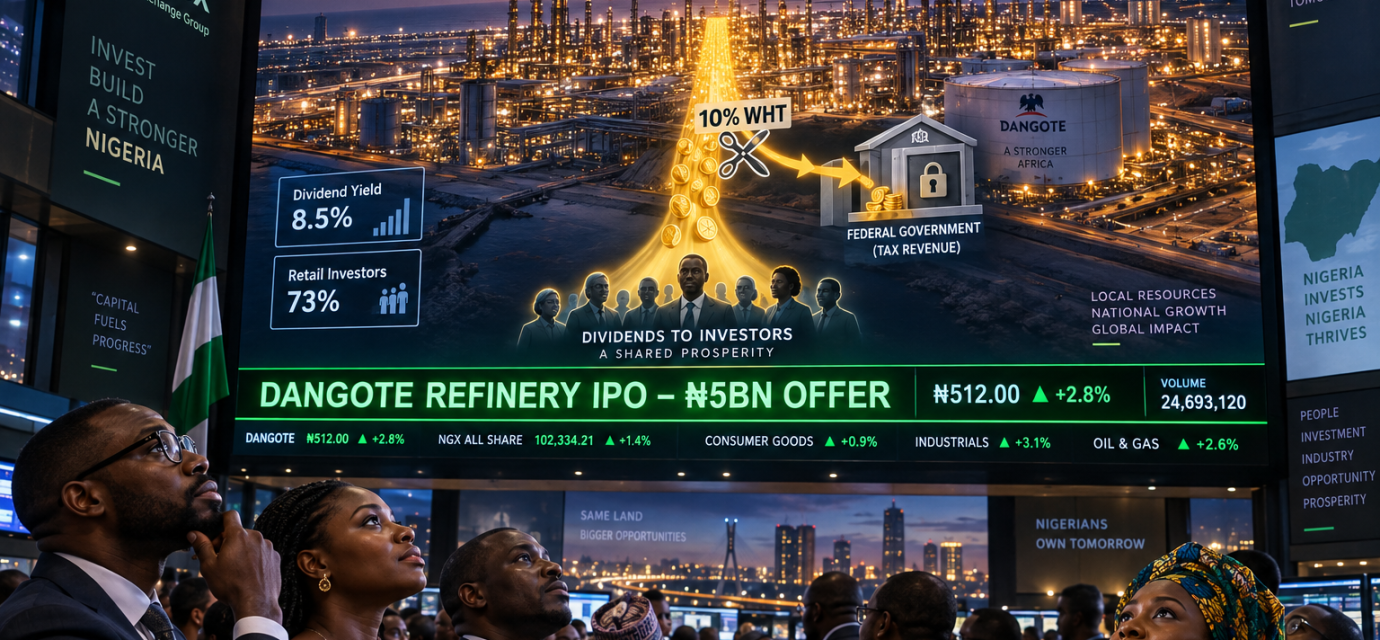 Nigerian investors watch a large trading-floor screen showing the Dangote Refinery, its proposed IPO, dividend payments and a 10% withholding tax deduction.
