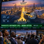Nigerian investors watch a large trading-floor screen showing the Dangote Refinery, its proposed IPO, dividend payments and a 10% withholding tax deduction.