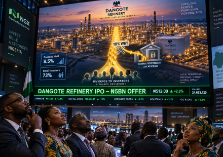Nigerian investors watch a large trading-floor screen showing the Dangote Refinery, its proposed IPO, dividend payments and a 10% withholding tax deduction.