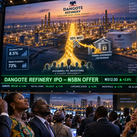 Nigerian investors watch a large trading-floor screen showing the Dangote Refinery, its proposed IPO, dividend payments and a 10% withholding tax deduction.