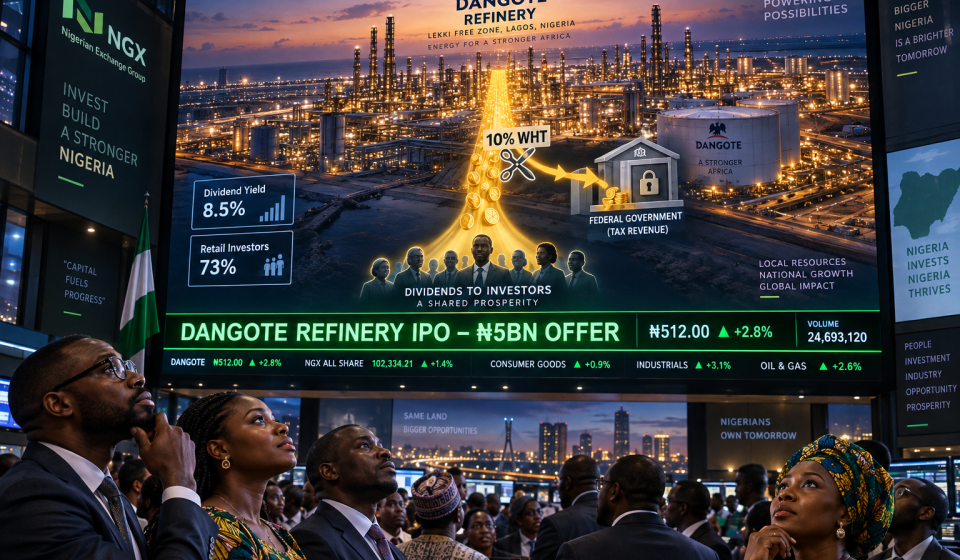 Nigerian investors watch a large trading-floor screen showing the Dangote Refinery, its proposed IPO, dividend payments and a 10% withholding tax deduction.