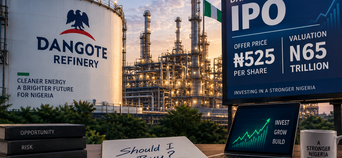 Dangote Refinery IPO at ₦525 per share and ₦65 trillion valuation, illustrating the investment decision facing Nigerian investors.