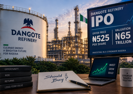Dangote Refinery IPO at ₦525 per share and ₦65 trillion valuation, illustrating the investment decision facing Nigerian investors.