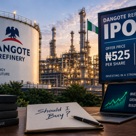 Dangote Refinery IPO at ₦525 per share and ₦65 trillion valuation, illustrating the investment decision facing Nigerian investors.
