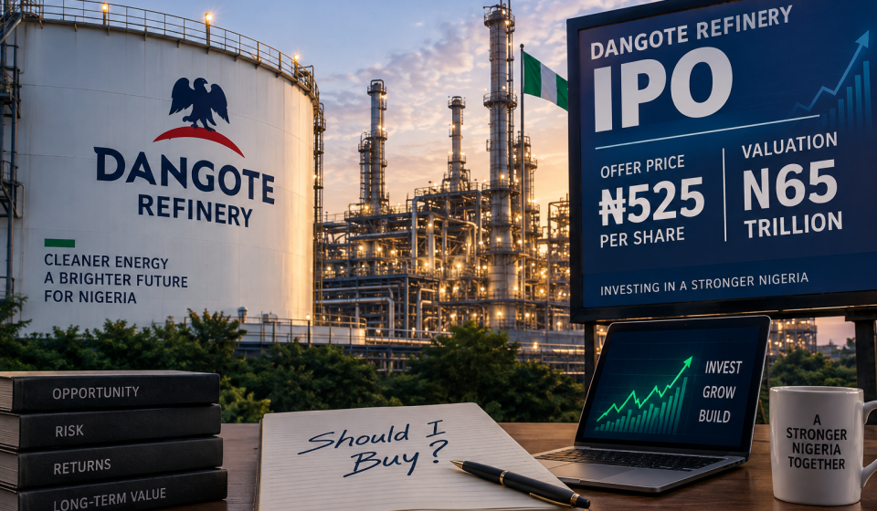 Dangote Refinery IPO at ₦525 per share and ₦65 trillion valuation, illustrating the investment decision facing Nigerian investors.