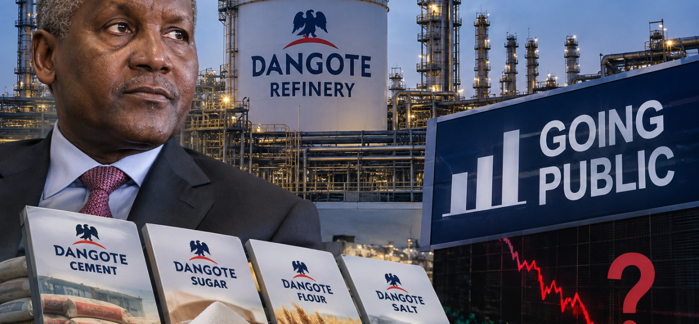 Dangote Refinery, Aliko Dangote and stock market graphics illustrating the Dangote Refinery IPO and performance of other Dangote stocks.