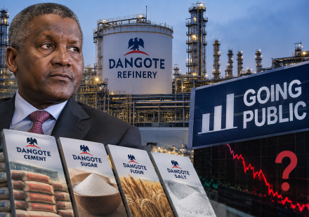 Dangote Refinery, Aliko Dangote and stock market graphics illustrating the Dangote Refinery IPO and performance of other Dangote stocks.