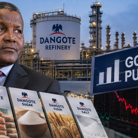 Dangote Refinery, Aliko Dangote and stock market graphics illustrating the Dangote Refinery IPO and performance of other Dangote stocks.