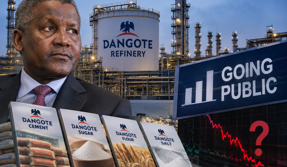 Dangote Refinery, Aliko Dangote and stock market graphics illustrating the Dangote Refinery IPO and performance of other Dangote stocks.